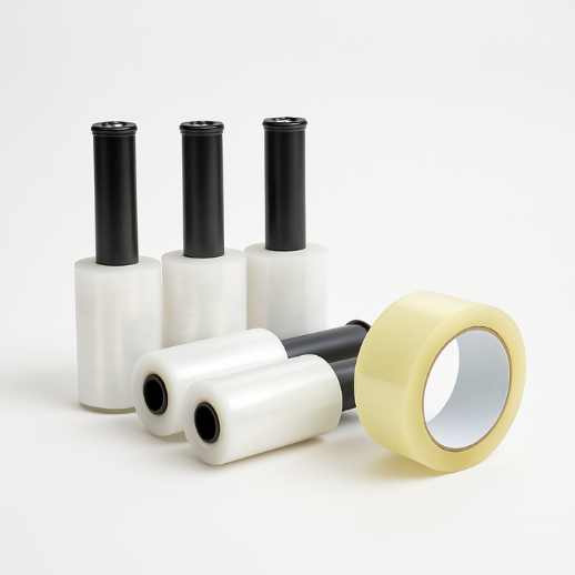 Kit com 5 Bobinas Filme Stretch 100x25 com Apilcador Giratório + Fita Adesiva